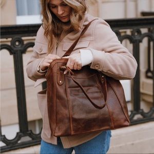 Large brown leather tote